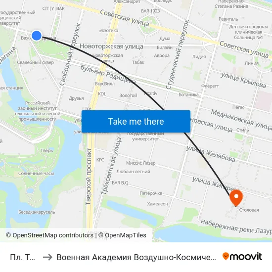 Пл. Тверская to Военная Академия Воздушно-Космической Обороны Имени Г.К. Жукова map