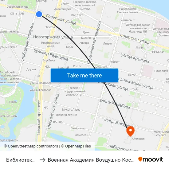 Библиотека Им. Горького to Военная Академия Воздушно-Космической Обороны Имени Г.К. Жукова map