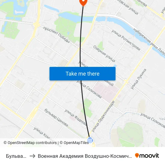 Бульвар Цанова to Военная Академия Воздушно-Космической Обороны Имени Г.К. Жукова map