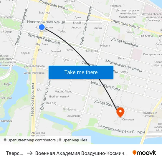 Тверской Пр-Т to Военная Академия Воздушно-Космической Обороны Имени Г.К. Жукова map
