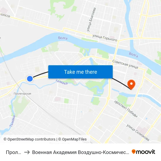Пролетарка to Военная Академия Воздушно-Космической Обороны Имени Г.К. Жукова map