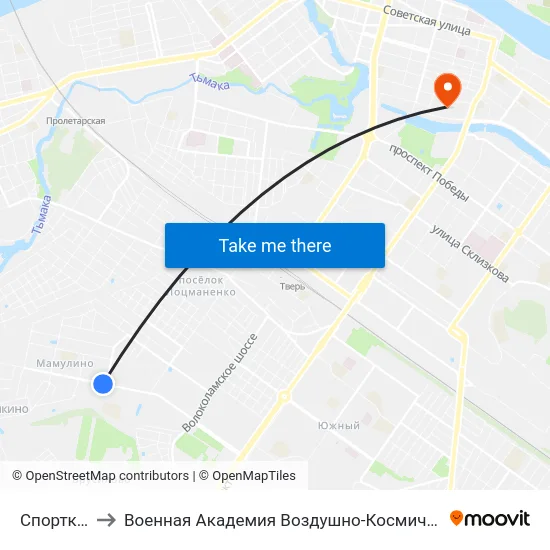 Спорткомплекс to Военная Академия Воздушно-Космической Обороны Имени Г.К. Жукова map