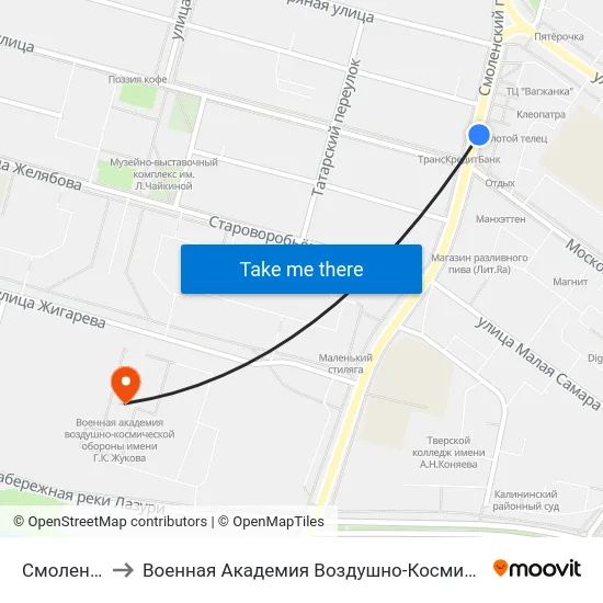 Смоленский Пер. to Военная Академия Воздушно-Космической Обороны Имени Г.К. Жукова map