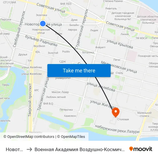 Новоторжская to Военная Академия Воздушно-Космической Обороны Имени Г.К. Жукова map