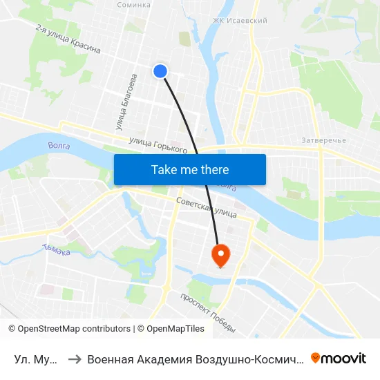 Ул. Мусоргского to Военная Академия Воздушно-Космической Обороны Имени Г.К. Жукова map