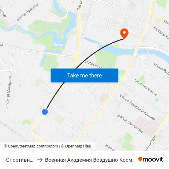 Спортивный Переулок to Военная Академия Воздушно-Космической Обороны Имени Г.К. Жукова map