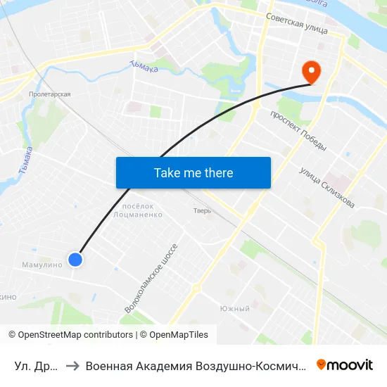 Ул. Дружинная to Военная Академия Воздушно-Космической Обороны Имени Г.К. Жукова map