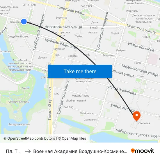 Пл. Тверская to Военная Академия Воздушно-Космической Обороны Имени Г.К. Жукова map