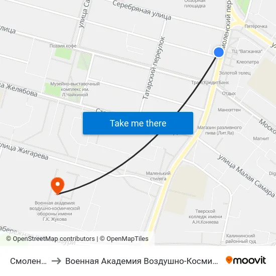 Смоленский Пер. to Военная Академия Воздушно-Космической Обороны Имени Г.К. Жукова map