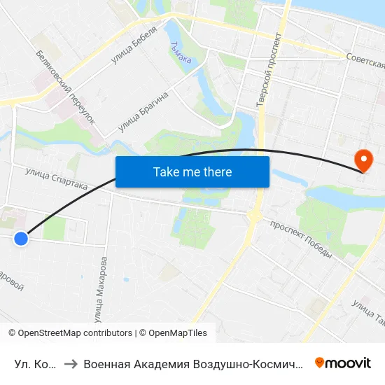 Ул. Коробкова to Военная Академия Воздушно-Космической Обороны Имени Г.К. Жукова map