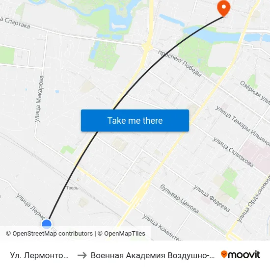 Ул. Лермонтова - Волоколамское Ш. to Военная Академия Воздушно-Космической Обороны Имени Г.К. Жукова map