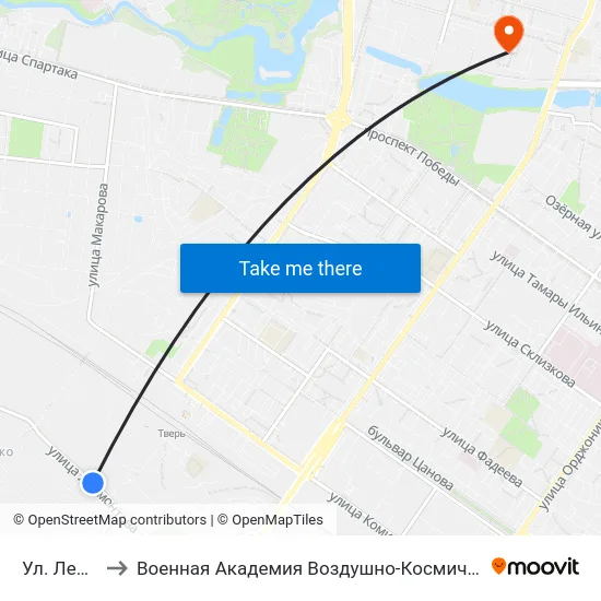Ул. Лермонтова to Военная Академия Воздушно-Космической Обороны Имени Г.К. Жукова map