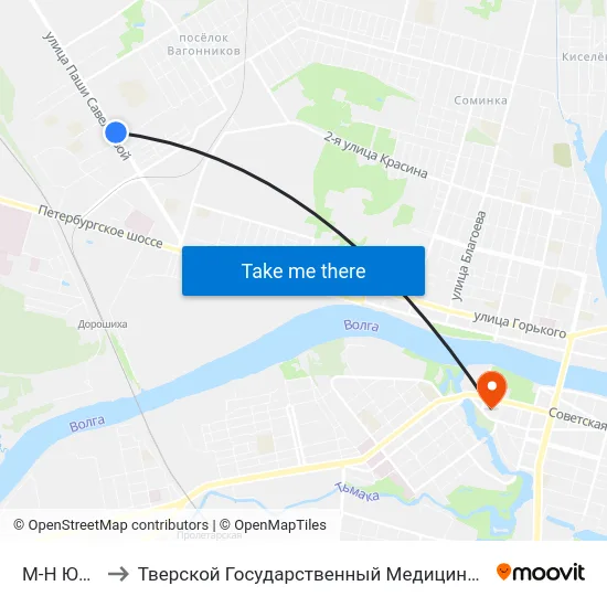 М-Н Юность to Тверской Государственный Медицинский Университет map