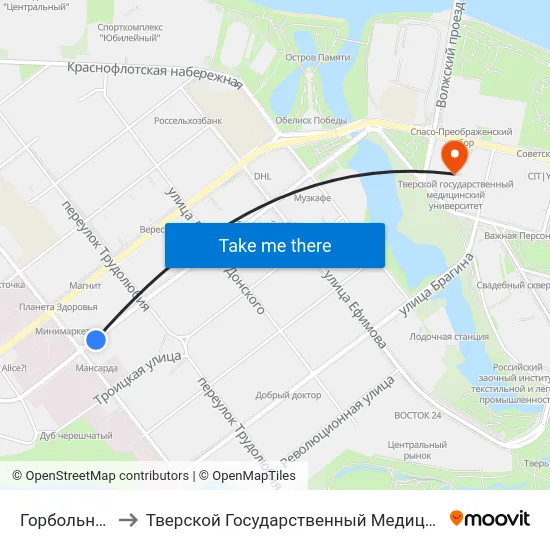 Горбольница №1 to Тверской Государственный Медицинский Университет map