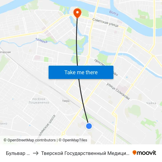 Бульвар Гусева to Тверской Государственный Медицинский Университет map