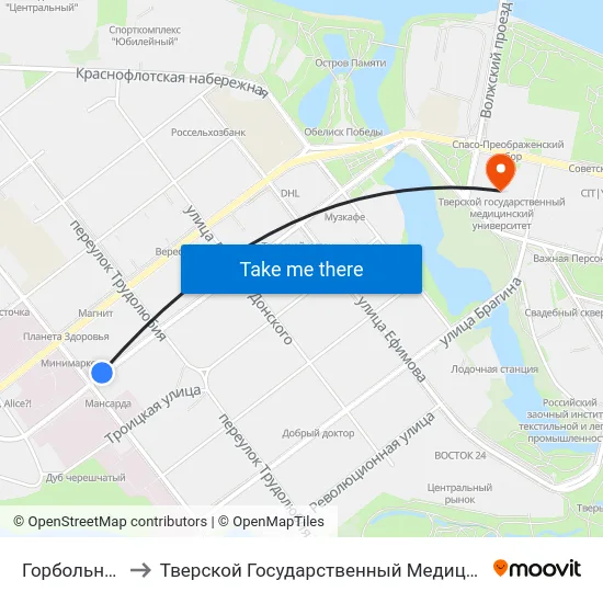 Горбольница №1 to Тверской Государственный Медицинский Университет map