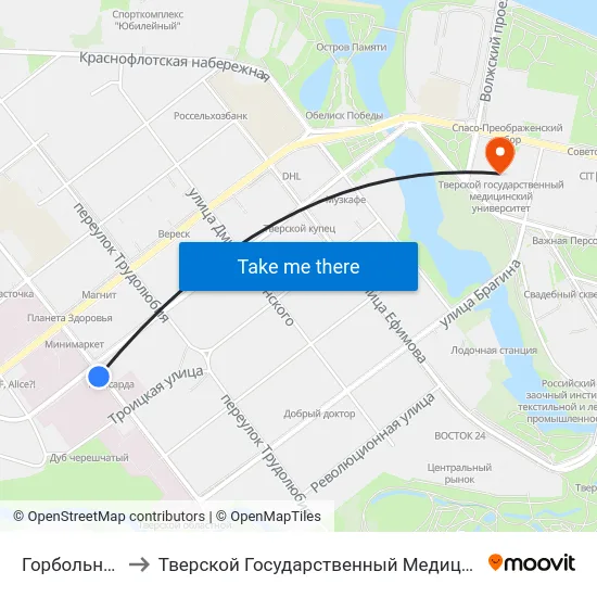 Горбольница №1 to Тверской Государственный Медицинский Университет map