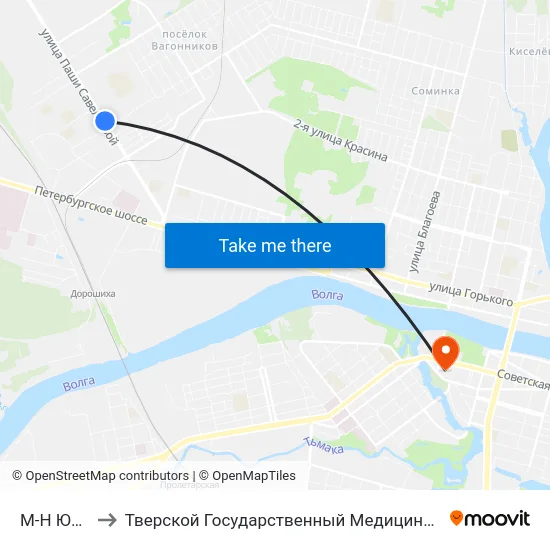 М-Н Юность to Тверской Государственный Медицинский Университет map