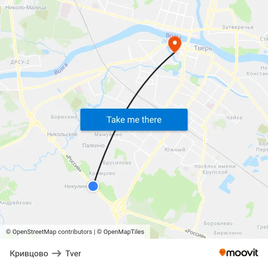 Кривцово to Tver map