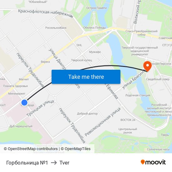 Горбольница №1 to Tver map