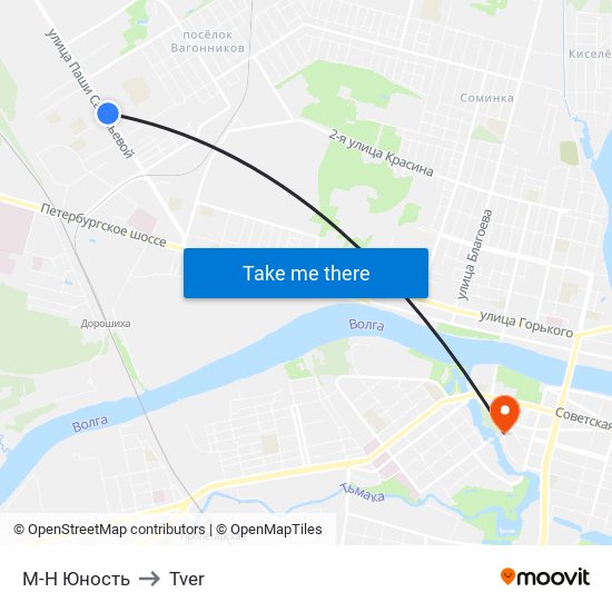 М-Н Юность to Tver map