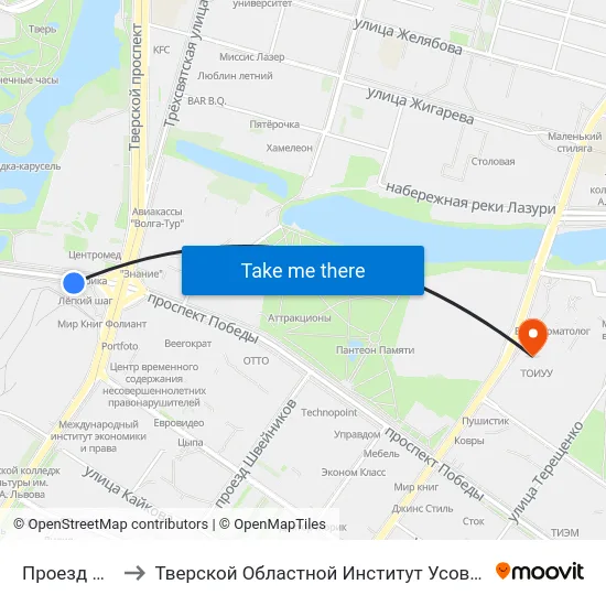 Проезд Дарвина to Тверской Областной Институт Усовершенствования Учите map