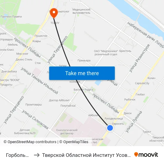 Горбольница №6 to Тверской Областной Институт Усовершенствования Учите map
