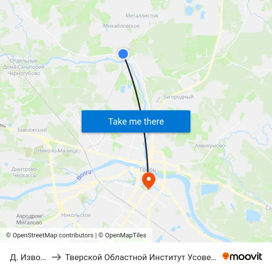 Д. Изворотень to Тверской Областной Институт Усовершенствования Учите map
