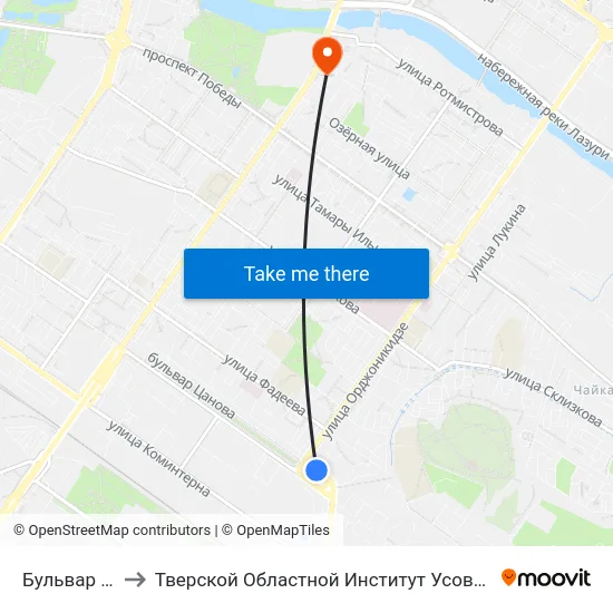 Бульвар Цанова to Тверской Областной Институт Усовершенствования Учите map