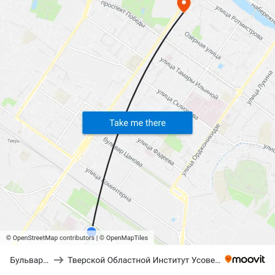 Бульвар Гусева to Тверской Областной Институт Усовершенствования Учите map