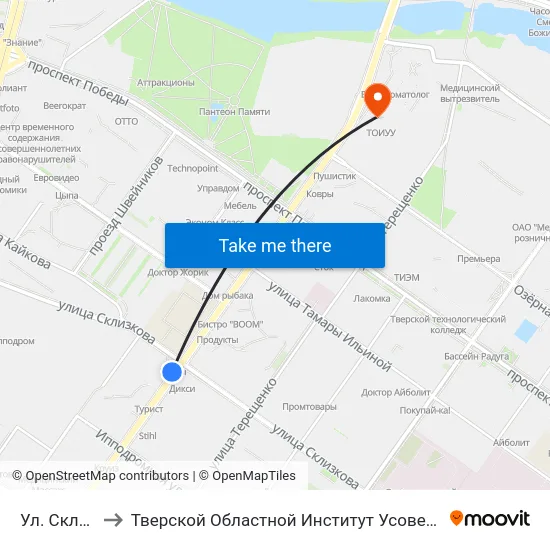 Ул. Склизкова to Тверской Областной Институт Усовершенствования Учите map