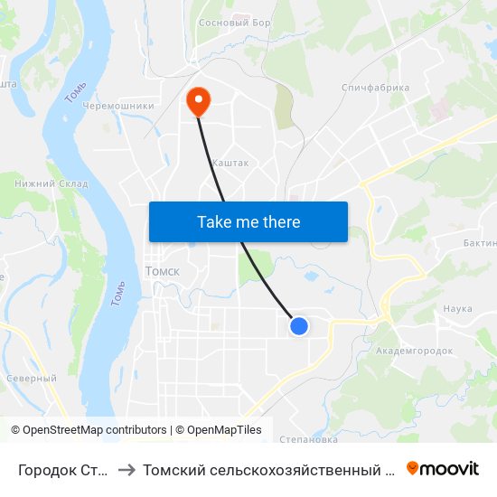 Городок Строителей to Томский сельскохозяйственный институт, филиал НГАУ map