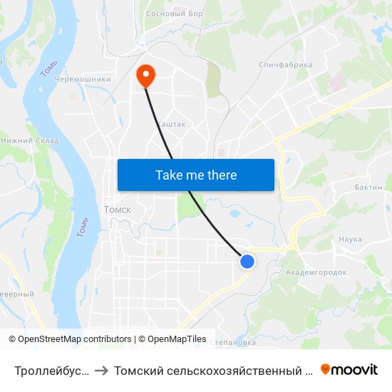 Троллейбусное Депо to Томский сельскохозяйственный институт, филиал НГАУ map
