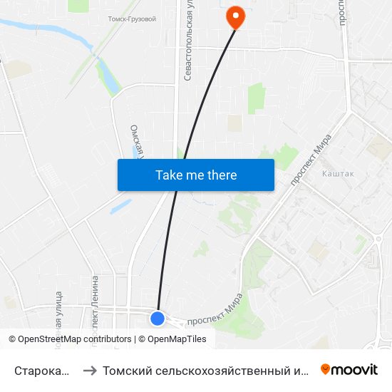 Старокаштачная to Томский сельскохозяйственный институт, филиал НГАУ map