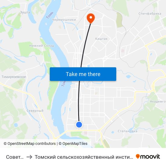 Советская to Томский сельскохозяйственный институт, филиал НГАУ map