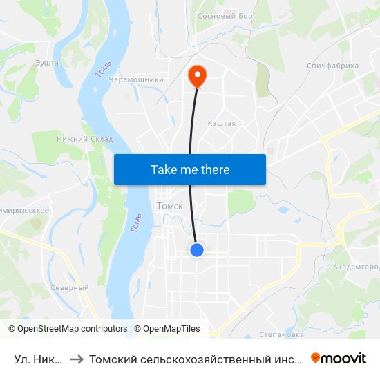 Ул. Никитина to Томский сельскохозяйственный институт, филиал НГАУ map