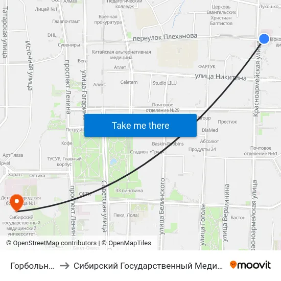 Горбольница №1 to Сибирский Государственный Медицинский Университет map