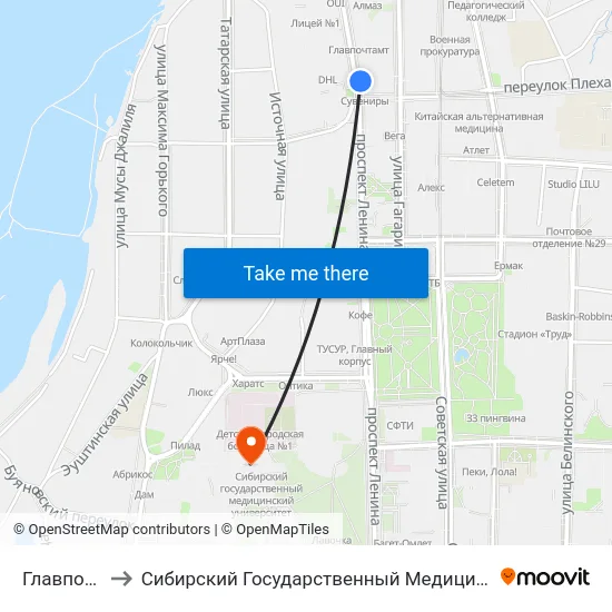 Главпочтамт to Сибирский Государственный Медицинский Университет map