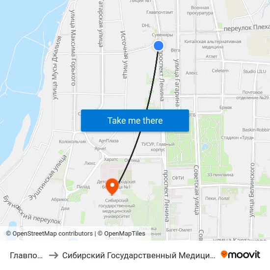 Главпочтамт to Сибирский Государственный Медицинский Университет map
