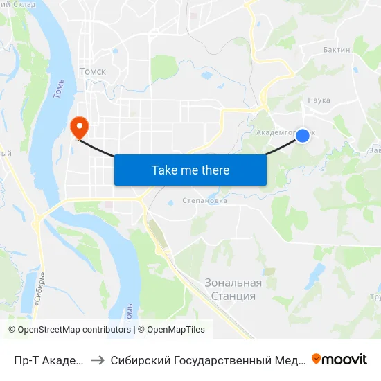 Пр-Т Академический to Сибирский Государственный Медицинский Университет map
