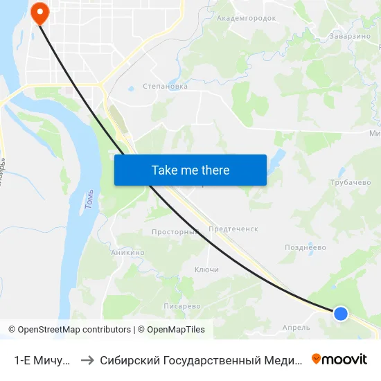 1-Е Мичуринское to Сибирский Государственный Медицинский Университет map