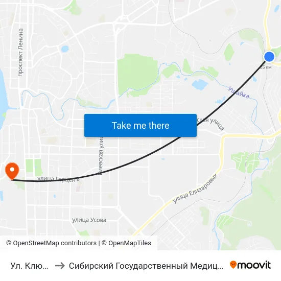 Ул. Клюева, 26 to Сибирский Государственный Медицинский Университет map