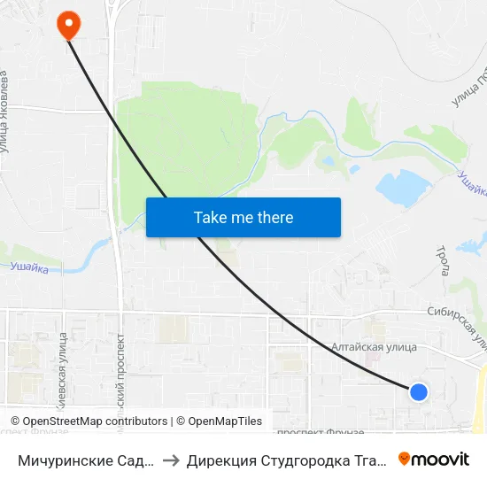 Мичуринские Сады to Дирекция Студгородка Тгасу map