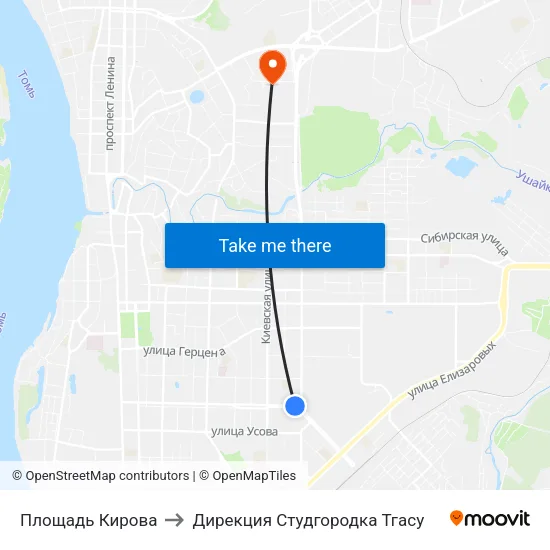 Площадь Кирова to Дирекция Студгородка Тгасу map