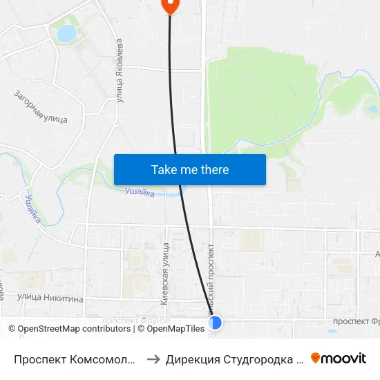 Проспект Комсомольский to Дирекция Студгородка Тгасу map