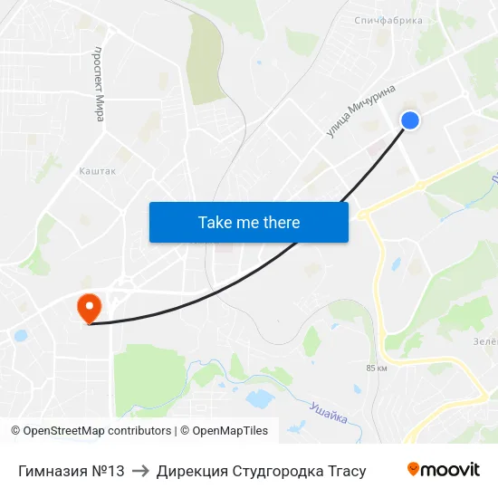 Гимназия №13 to Дирекция Студгородка Тгасу map