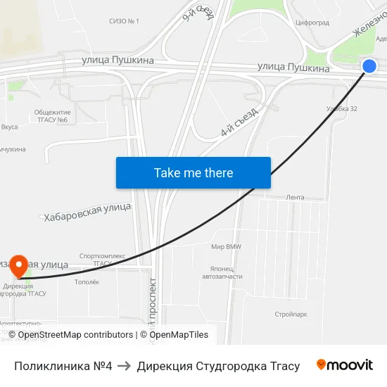Поликлиника №4 to Дирекция Студгородка Тгасу map