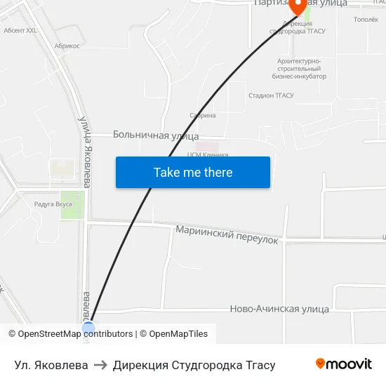 Ул. Яковлева to Дирекция Студгородка Тгасу map