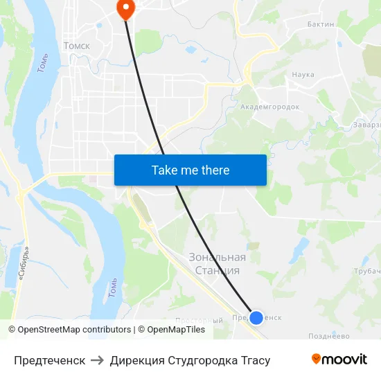 Предтеченск to Дирекция Студгородка Тгасу map