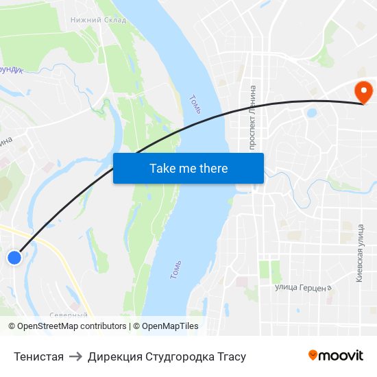 Тенистая to Дирекция Студгородка Тгасу map